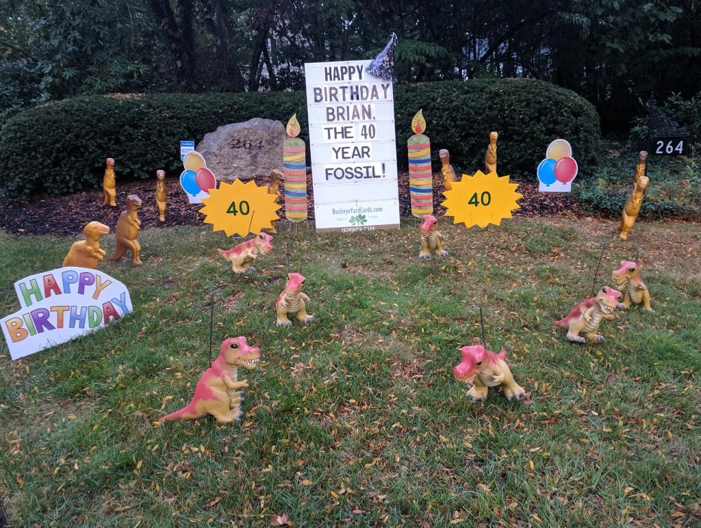 Dinosaur lawn display for Brian's 40th birthday fossil theme