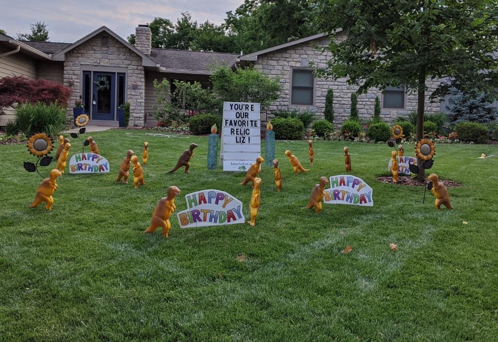 Dachshund lawn ornaments and birthday yard display for Liz
