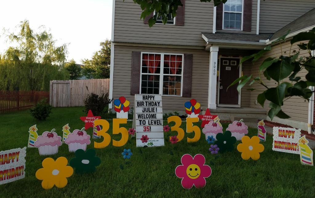 Birthday yard sign display for Julie's 35th birthday