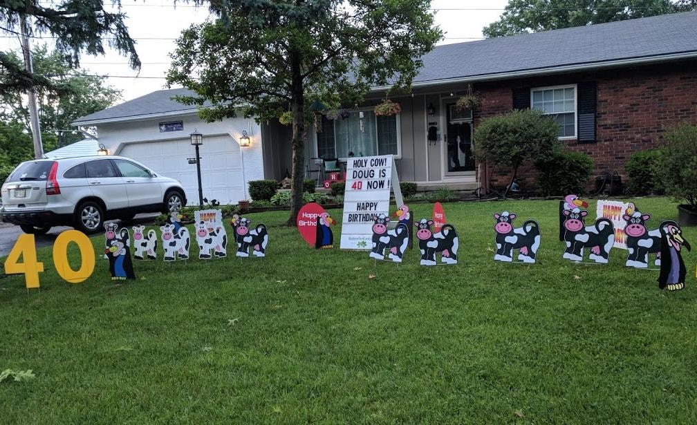 Holy Cow What a Sale yard card display with cow signs