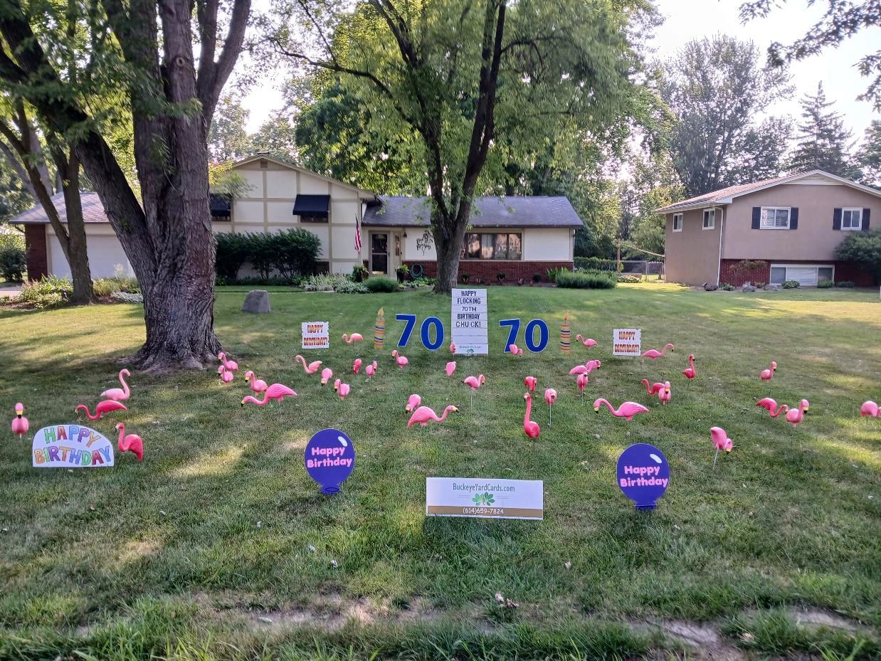 Front lawn with pink flamingos and 70th birthday signs